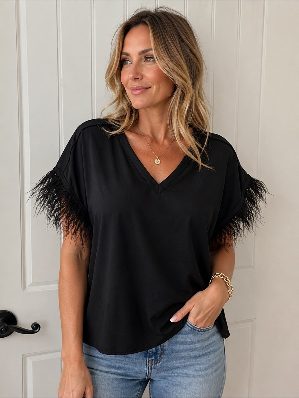 Black Feather-Trim V-Neck Women's Top Ee:some  large